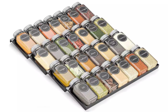Amazon SpaceAid Glass Spice Drawer Organizer with 28 Spice Jars, 386 Labels, and Chalk Marker, 4-Tier Seasoning Rack Tray Insert for Kitchen Drawers, 13
