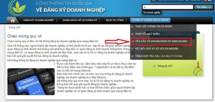 Hướng dẫn quy trình đăng ký tài khoản kinh doanh trên Cổng thông tin quốc gia về Đăng ký doanh nghiệp.