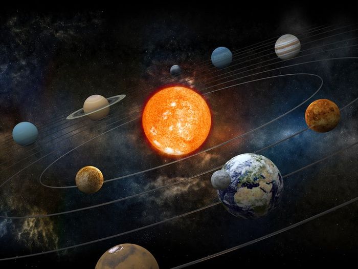 A model of the solar system featuring the sun at its core, surrounded by nine planets and their orbiting moons.