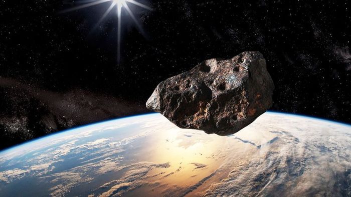 A digital depiction of an asteroid heading toward Earth
