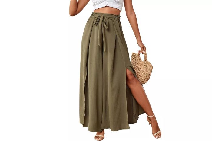 LYANER Women's Tie Front High Waist Side Split Slit Flowy Wide Leg Pants