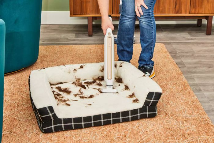 A person cleaning a dog bed using the Shark WS642AE Wandvac Cordless Stick Vacuum