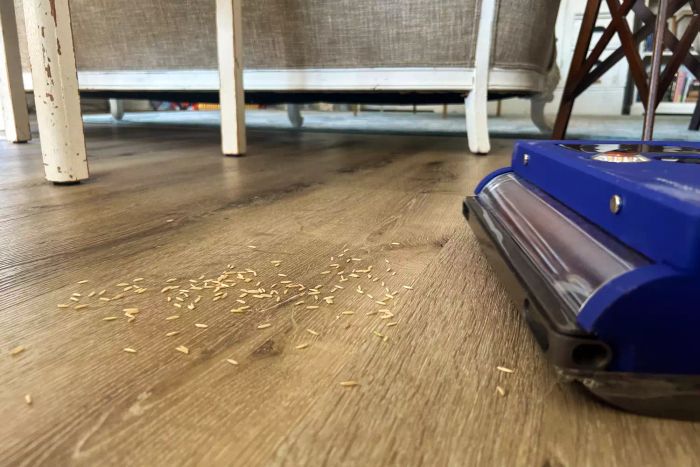 Rice scattered across the floor in front of the Dyson 360 Vis Nav Robot Vacuum.