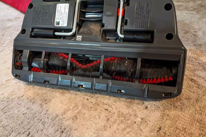 Hair is caught in the brush of the Kenmore Elite 81714 Pet Friendly Canister Vacuum