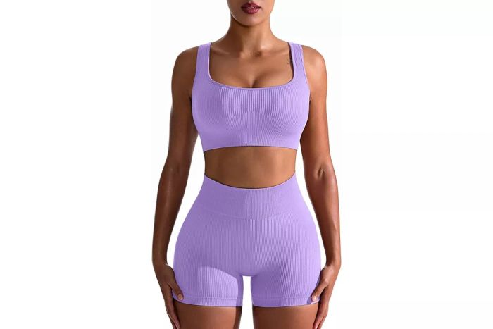 OQQ Women's Workout Outfits, Seamless Ribbed Two-Piece Set