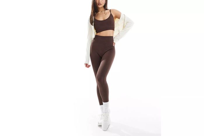ASOS Seamless Contour Rib Medium Support Sports Bra in brown