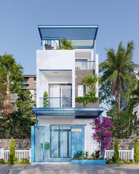 Khám phá mẫu nhà 1 trệt 1 lầu 1 sân thượng phong cách Địa Trung Hải độc đáo.