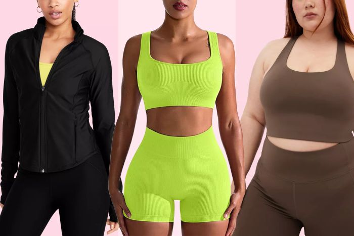 A vibrant collage featuring three individuals dressed in a variety of stylish workout outfits set against a soft pink backdrop.