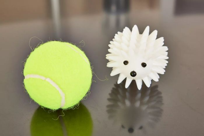 Close-up of a World Market Hedgehog Dryer Ball next to a tennis ball.