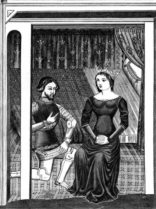 A depiction of Guinevere and Lancelot from an 11th-century manuscript.