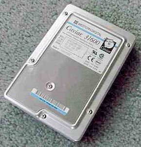 The rear view of a Western Digital hard disk drive.