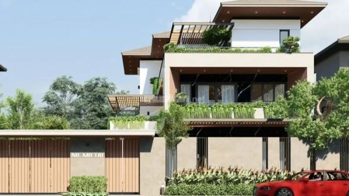 Mẫu 27: Biệt thự hiện đại với thiết kế ban công kính độc đáo và không gian xanh mát