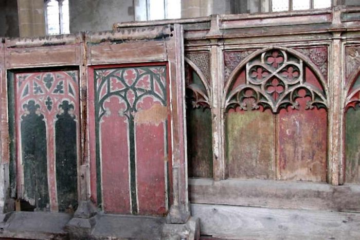 Ancient rood screens from St James's Church in Great Ellingham, England.
