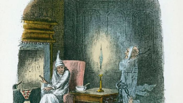 In this 1843 illustration by John Leech, Scrooge is shown being visited by the ghost of Marley.