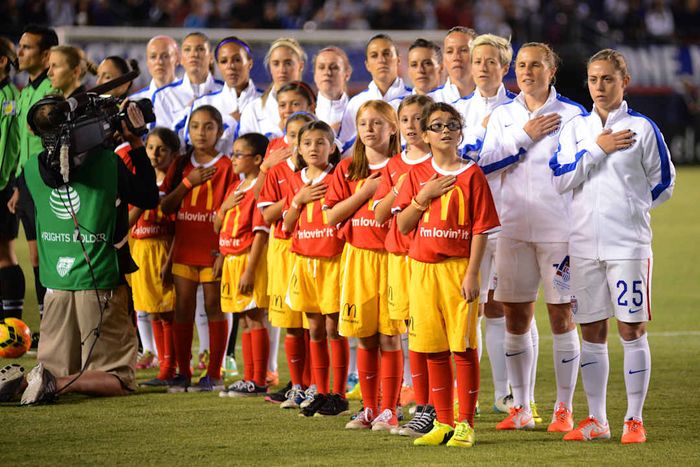 The U.S. women's national team before a 2014 friendly match against China.