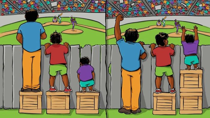 An illustration showing three people standing on boxes to demonstrate the difference between equality and equity