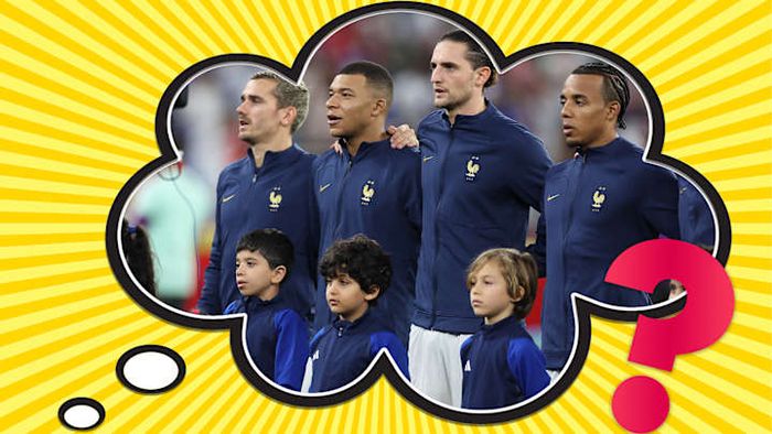 France's squad, accompanied by their 'mascots,' prior to their match against Poland at the 2022 World Cup.