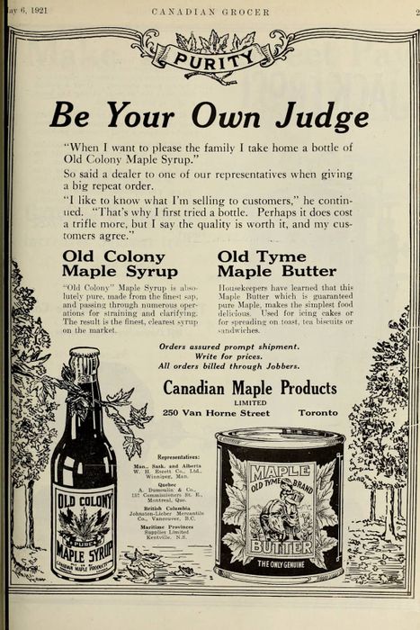 A vintage newspaper ad showing Old Colony maple syrup in a glass bottle without a handle.