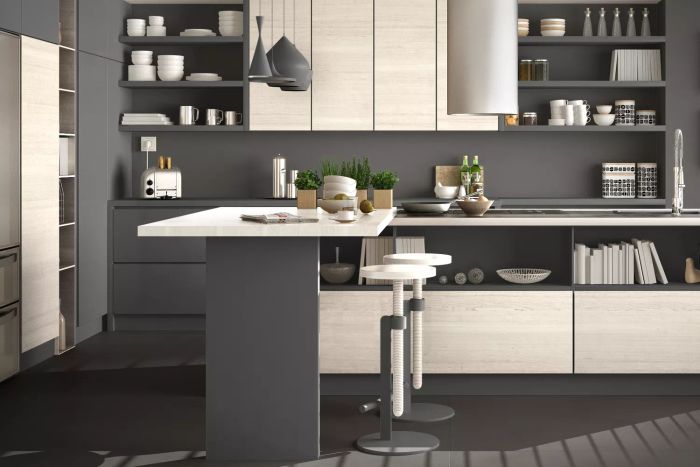 A sleek, modern kitchen featuring wooden accents and a panoramic window with a minimalist white and gray design.