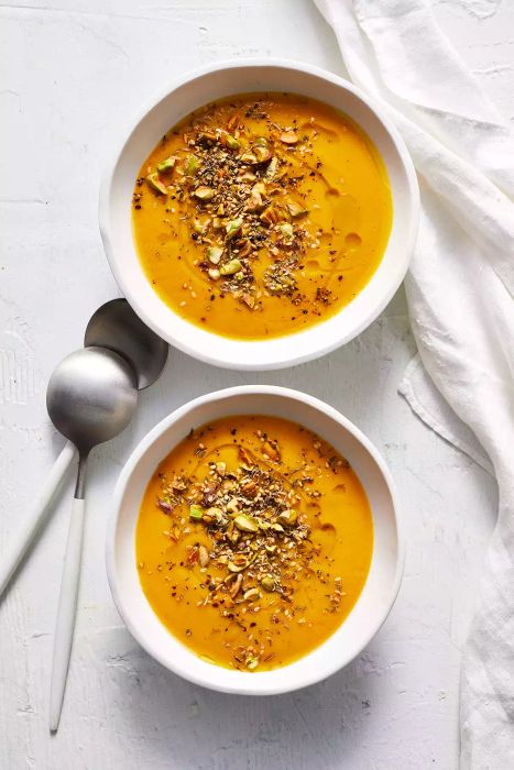 Spiced Sweet Potato Soup With Pistachio-Seed Topping