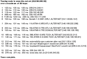 Route tracing report between the U.S. and the BBC.