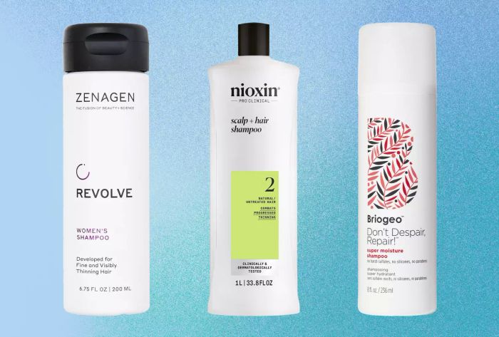 Nioxin System 2 Shampoo, Zenagen Revolve Thickening and Hair Loss Shampoo, and Briogeo Don’t Despair Repair Super Moisture Shampoo set against a blue backdrop