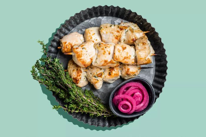 BBQ chicken kebabs, Shashlik with onions and aromatic spices