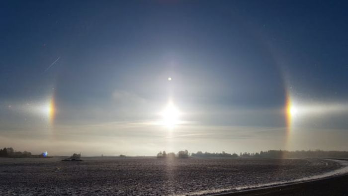 Sundogs at a winter sunset.