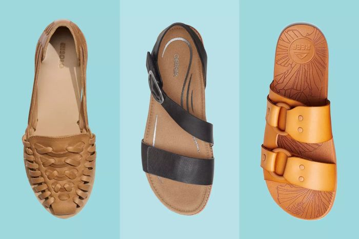 A trio of recommended sandals displayed against a blue backdrop