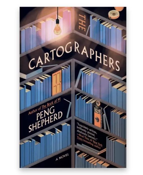 Cover featuring a bookshelf with blue and pink books for *The Cartographers*