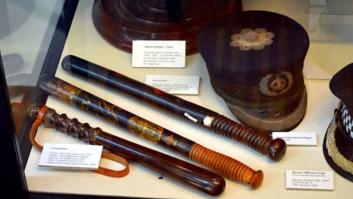 Vintage police batons on display at the Metropolitan Police Heritage Centre in London.