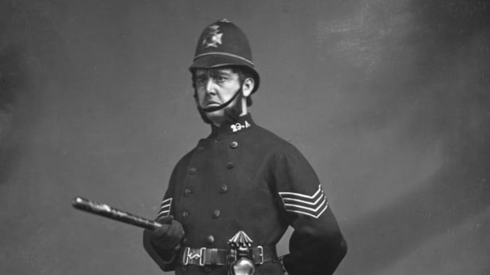 An actor dressed as an English policeman, circa 1880.