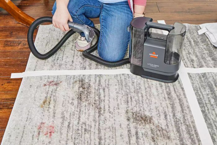 A person with the Bissell Little Green Cordless Portable Carpet Cleaner on a soiled rug.