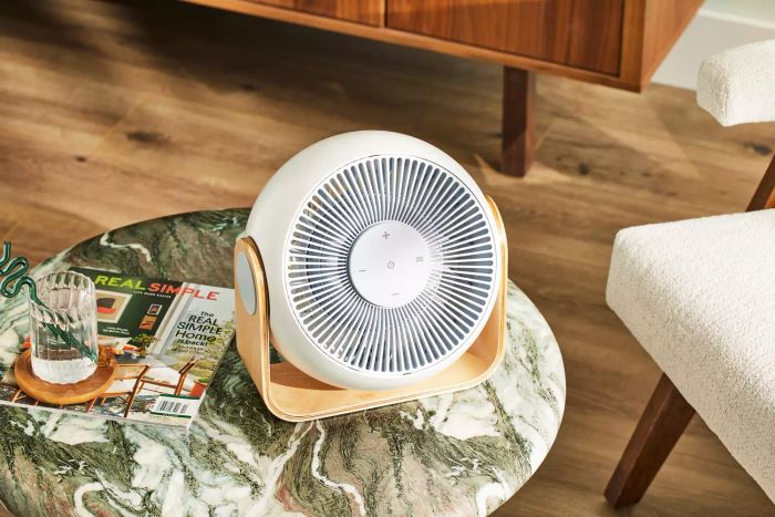 SNOOZ Breez Smart Table Fan for Bedrooms, Placed on a Coffee Table