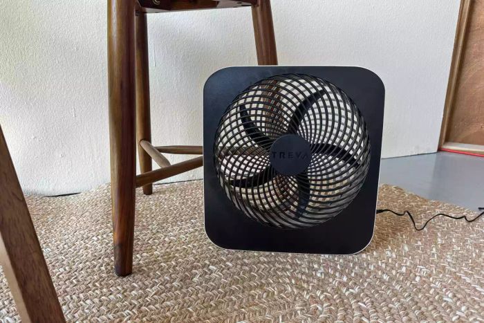 The Treva 10-Inch Portable Fan resting on a rug.