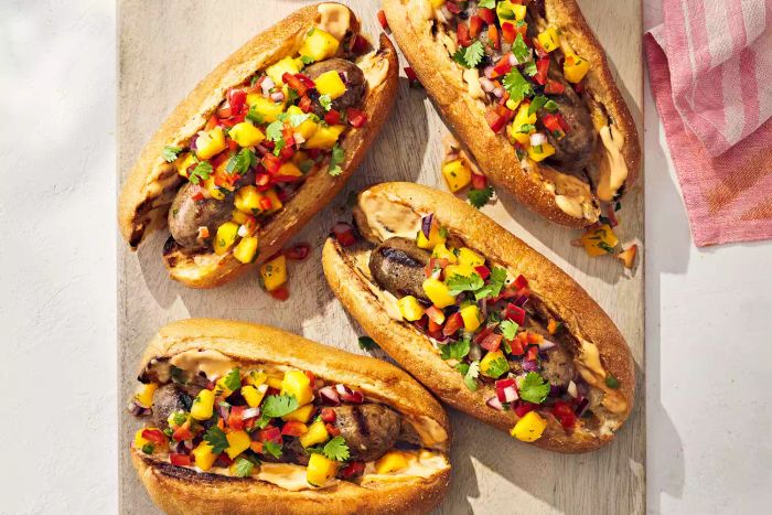 Grilled Sausage Hoagies Topped with Mango Salsa