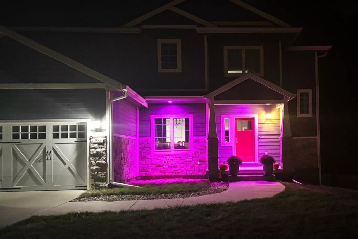 The GE CYNC Smart Outdoor Flood Light Bulb emits a vibrant purple glow