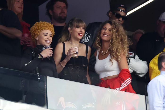 Blake Lively at the Super Bowl sporting disco curls