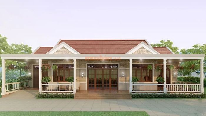 Thiết kế nhà vườn phong cách tối giản với giàn hoa rực rỡ, tô điểm xung quanh ngôi nhà.