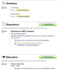 LinkedIn profile summary, experience, and education page