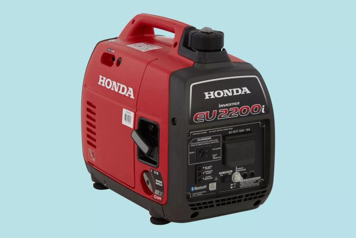 An image showcasing the Honda EU 2200i Super Quiet Inverter Generator against a blue backdrop