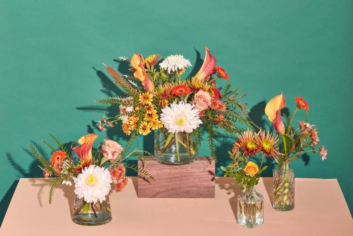 Floral displays on a tabletop