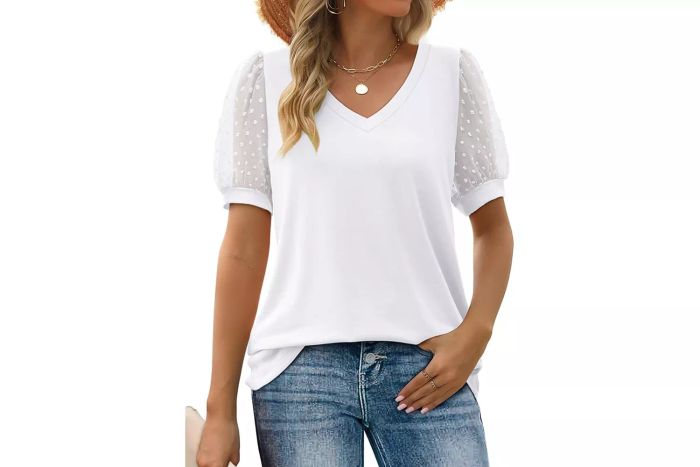 Aokosor Women's Summer V-Neck T-Shirt with Swiss Dot Puff Sleeves and Loose Casual Fit
