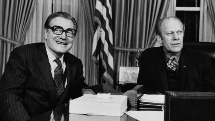 Nelson Rockefeller (left) stepped down as the governor of New York after being selected by Gerald Ford (right) as vice president. As a result, Rockefeller's lieutenant governor, Malcolm Wilson, assumed the role.