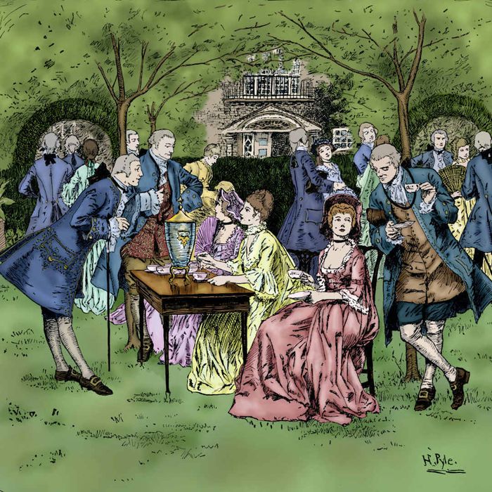 An illustration of a tea party in colonial New England, from Howard Pyle's Book of the American Spirit (1880).