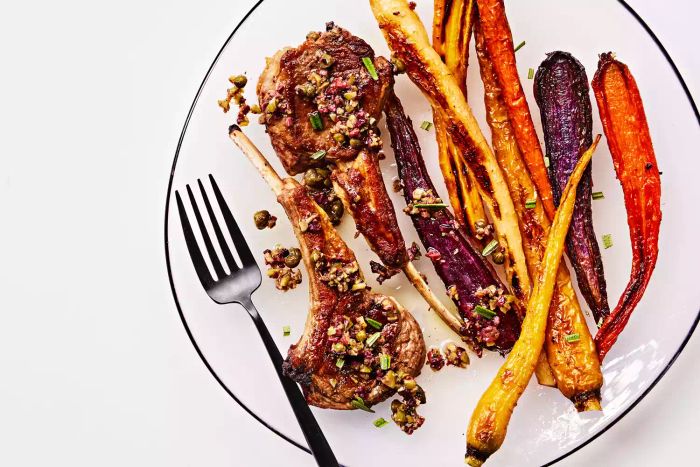 Baby Lamb Chops With Mixed Olive Relish And Roasted Carrots