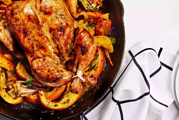 Lemon-Coriander Roasted Chicken With Leeks And Squash
