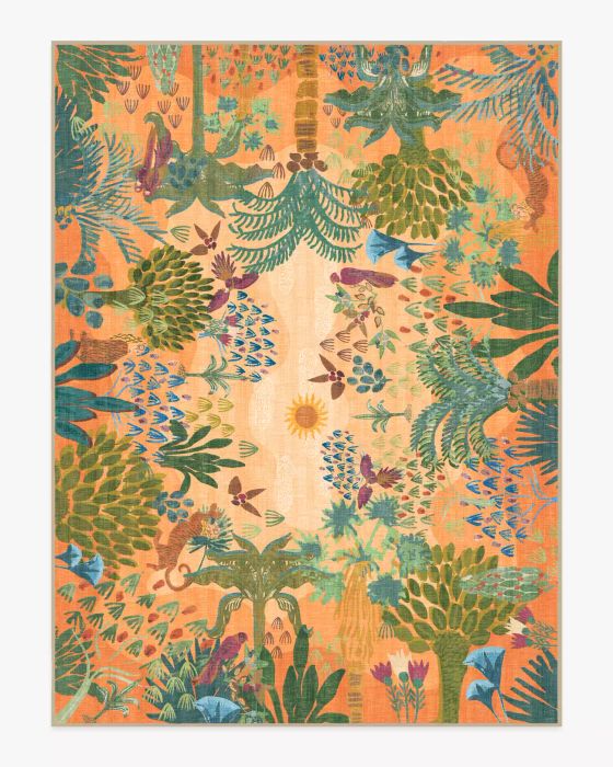 A rug adorned with a vibrant tropical nature print.