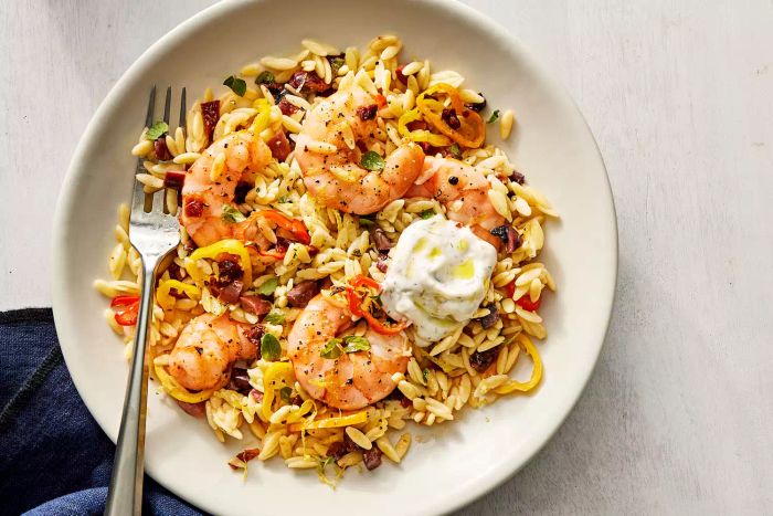 Warm Greek Salad with Shrimp and Orzo