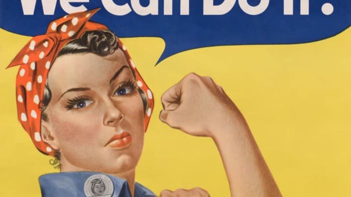Rosie the Riveter, clad in chambray, energizing the war effort around 1942.